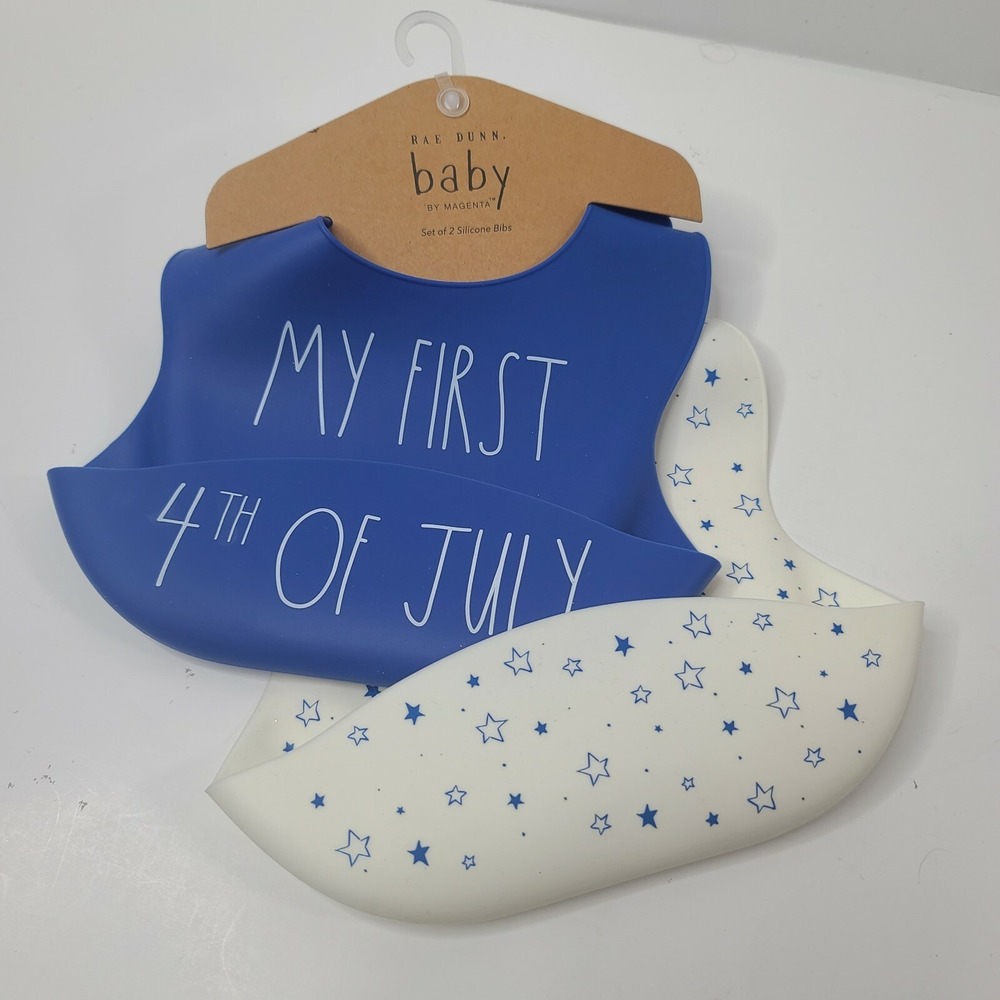 RAE DUNN Silicone Baby Bibs Set of 2 "My First 4th of July" Waterproof NWT Blue